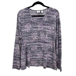 Weekends by Chico's Top Round Neck Long Sleeves Metallic Purple White Women 3*